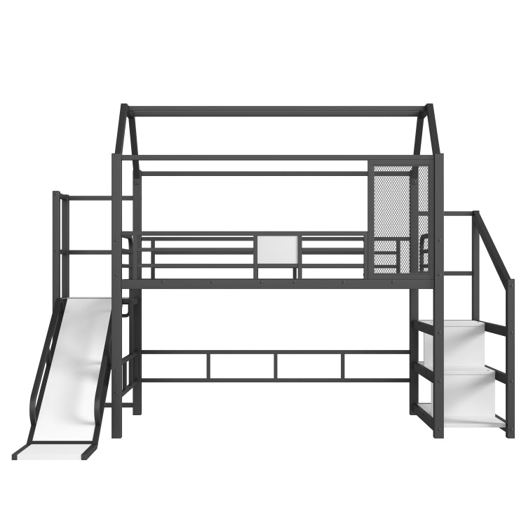 Twin House Loft Bed With Slide And Stairs, Metal Playhouse Bed With Storage Shelves, House Shaped Roof And Noise Free Design, Black