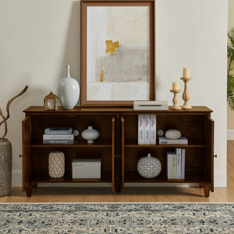 65.2" Mid Century Modern Sideboard Buffet Cabinet With Storage, Symmetrical Geometric Accent Coffee Bar Wine Bar Storage Cabinet, Large Console Table For Living Room Entryway Kitchen, Walnut