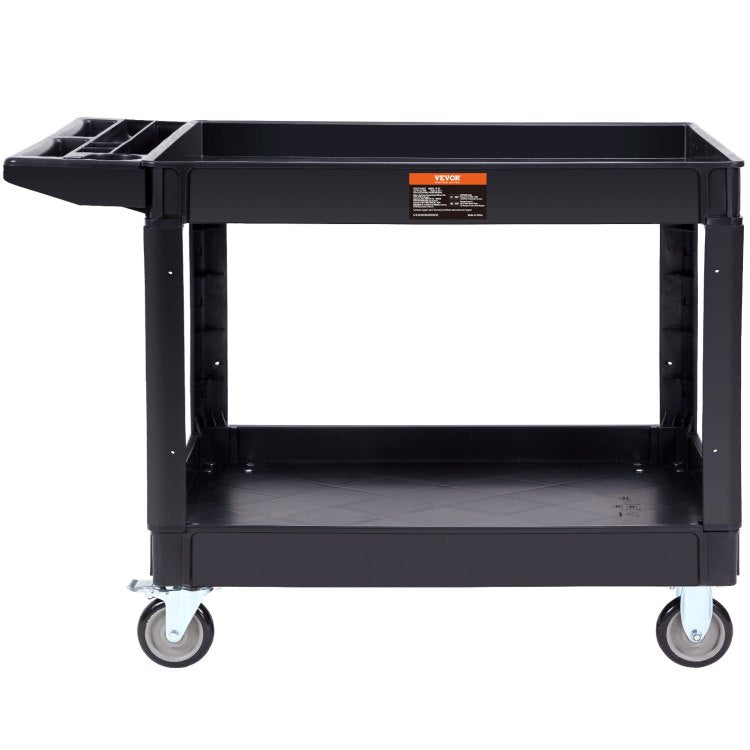 Utility Service Cart, 2 Shelf 550Lbs Heavy Duty Plastic Rolling Utility Cart With 360 Swivel Wheels 2 With Brakes , Large Lipped Shelf, Ergonomic Storage Handle For Warehouse Garage Cleaning
