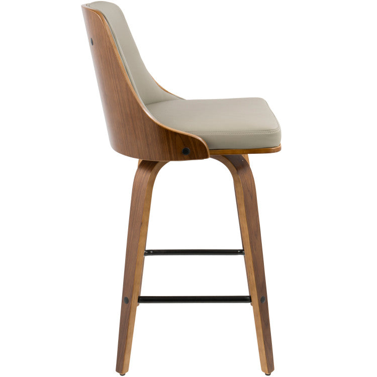 26" Mid Century Modern Counter Stool In Walnut With Light Grey Faux Leather Set Of 2