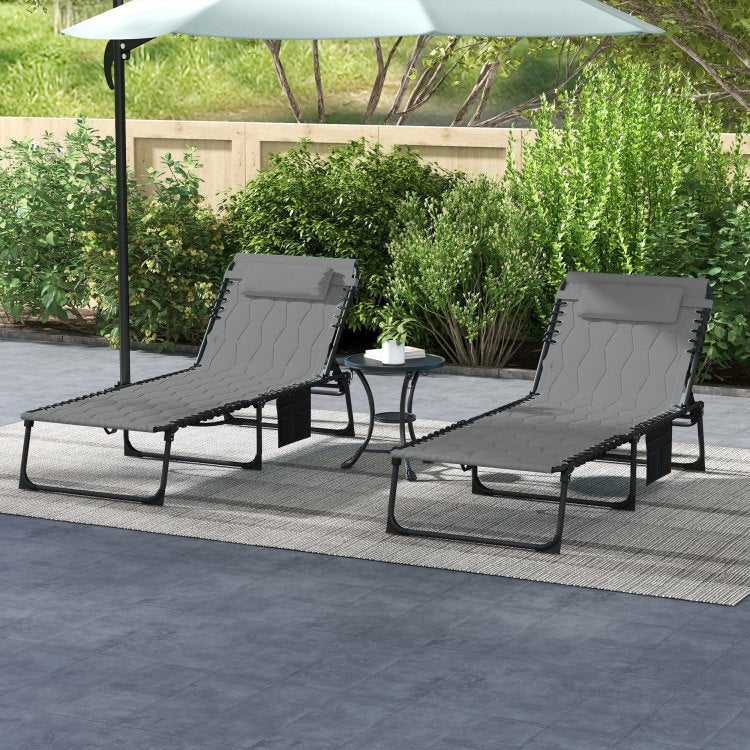 Outsunny Folding Chaise Lounge Set With 5 Level Reclining Back, Outdoor Lounge Tanning Chair With Padded Seat, Side Pocket & Headrest For Beach, Yard, Patio, Gray