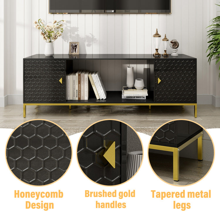 70 Inch Tv Stand, Heavy Duty Wood Media Entertainment Center Console With Cabinet Storage & Open Shelves For Living Room, Modern Design Black,Not Include Electric Fireplace