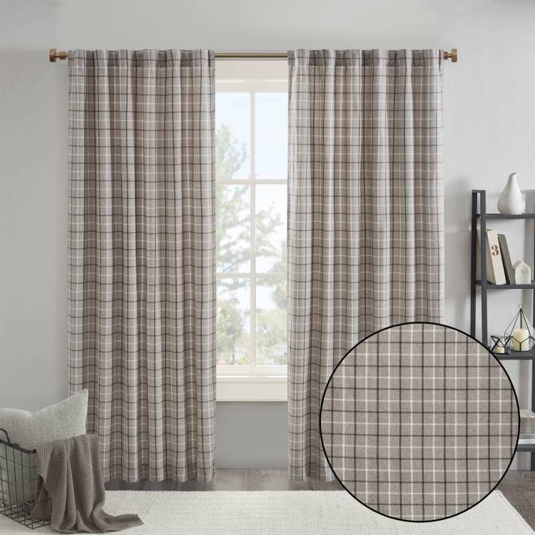 1 Piece 50X63" Plaid Rod Pocket And Back Tab Curtain Panel With Fleece Lining,Brown