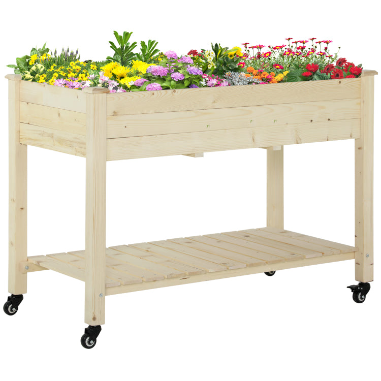 Outsunny Raised Garden Bed, 47" X 22" X 33", Elevated Wooden Planter Box W Lockable Wheels, Storage Shelf, And Bed Liner For Backyard, Patio, Natural