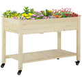 Outsunny Raised Garden Bed, 47" X 22" X 33", Elevated Wooden Planter Box W Lockable Wheels, Storage Shelf, And Bed Liner For Backyard, Patio, Natural