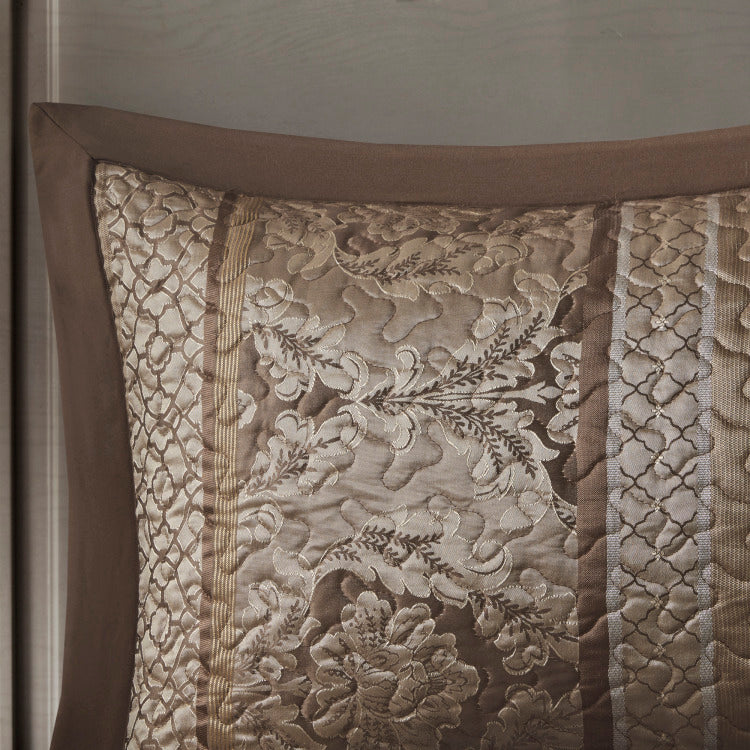 5 Piece Reversible Jacquard Bedspread Set Brown Gold Queen