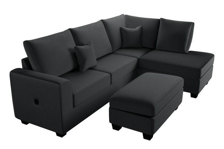 Modern Style 3Pc Sectional Set Usb Port Storage Ottoman Right Arm Chaise Left Arm Sofa Black Finish Primary Living Room