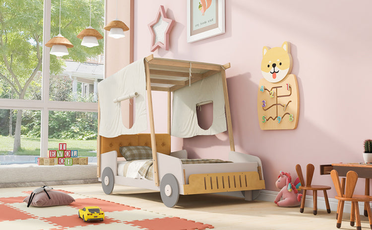 Wood Twin Size Car Bed With Pillow, Ceiling Cloth, Natural