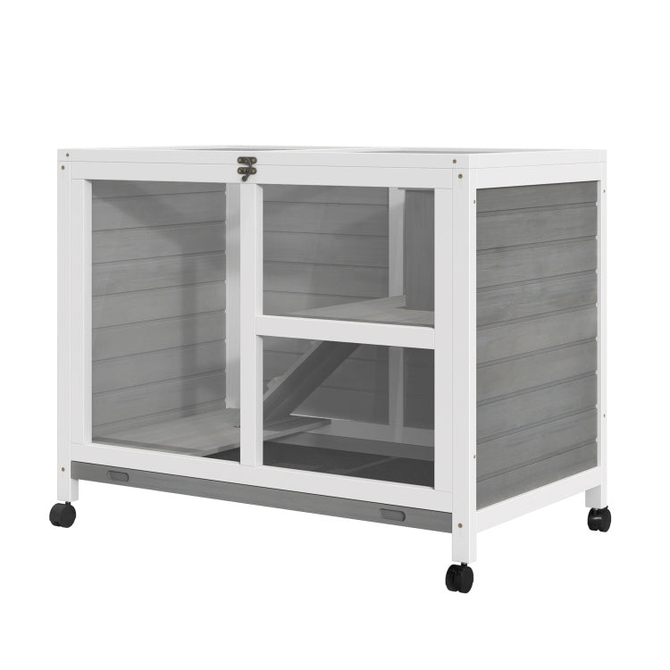 Pawhut Indoor Rabbit Hutch With Wheels, Desk And Side Table Sized, Wood Rabbit Cage, Waterproof Small Rabbit Cage, Gray