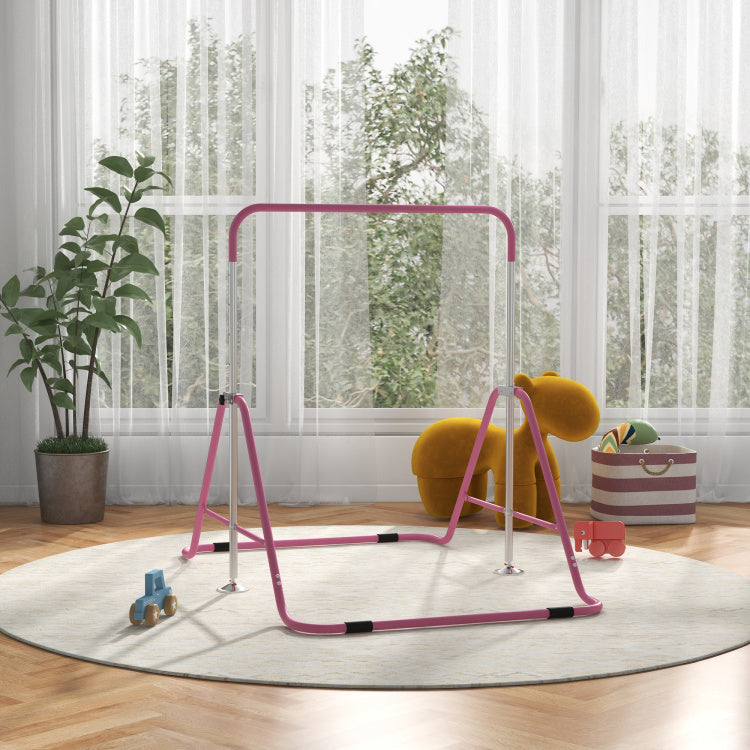 Qaba Folding Gymnastics Bar For Kids With Shock Absorption, Adjustable Gymnastics Horizontal Bar, Gymnastics Kip Bar For Home Use, Pink