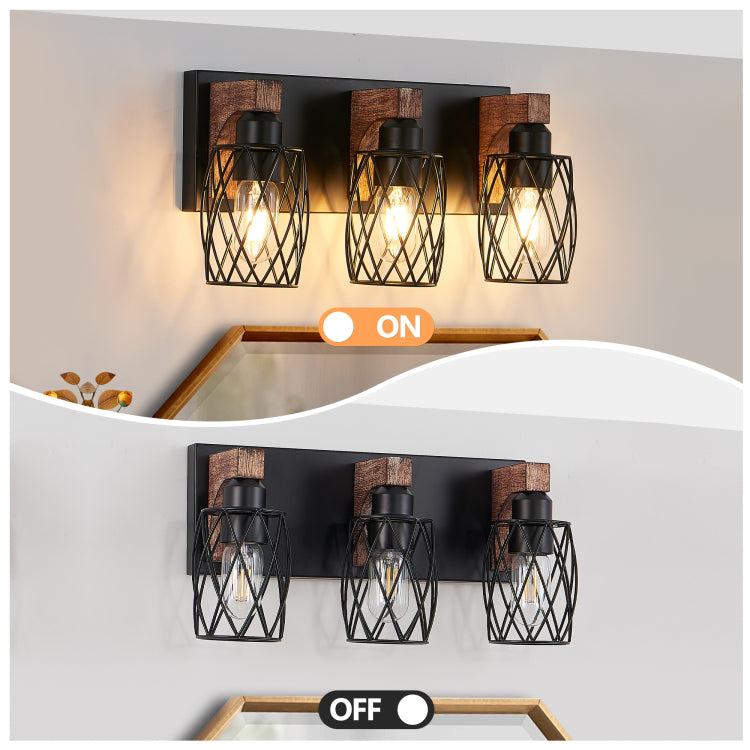 18" Industrial Vintage 3 Light Wall Sconce Black Cage Wall Lighting Fixture With Wooden Accents For Bathroom, Hallway, Or Living Room Bulb Not Included