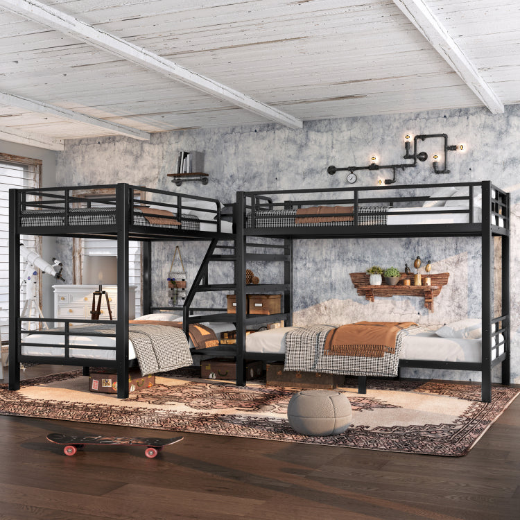 Twin L Shaped Metal Bunk Bed With Storage Shelves And High Quality Safety Guardrail,Space Saving,Black