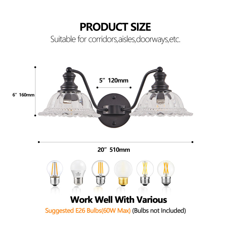 20 Inch 2 Light Vintage Bathroom Wall Sconce Elegant Black Metal And Glass Lampshade Vanity Light Fixture For Bathroom, Hallway, Or Bedroom Bulb Not Included