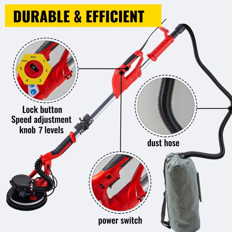 Drywall Sander 850W, Electric Drywall Sander, Variable Speed 800 1750 Rpm, Foldable Sheetrock Sander, With Telescope Handle, Electric Sander, With Led Strip Light And Vacuum Bag, Wall Sander