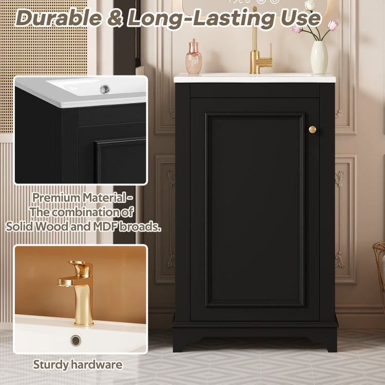20 Inch Bathroom Vanity With Ceramic Sink, Freestanding Single Vanity Set With Soft Closing Door, Adjustable Shelf, Modern Style, Black