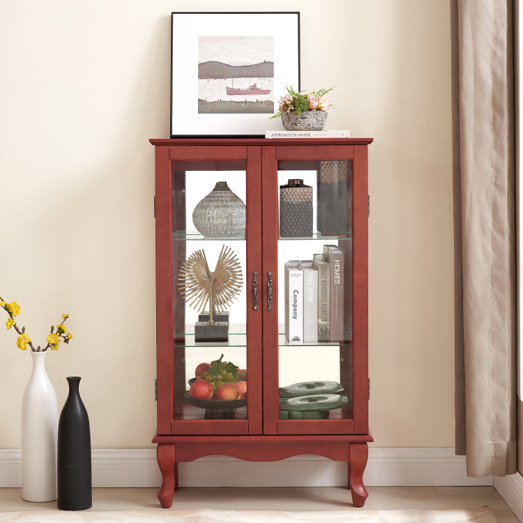 2 Doors Curio Cabinet With Tempered Glass Doors, Curio Cabinets With Mirrored Back Panel And Adjustable Shelves, Lighted Display Cabinet For Home, Office Light Bulb Included Cherry