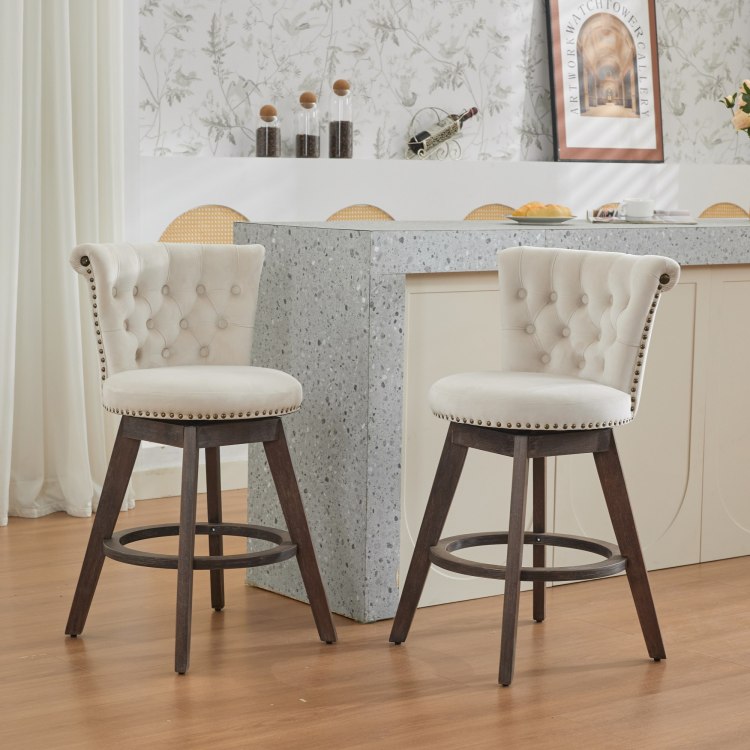 26" Counter Height Bar Stools Set Of 2, 360 Swivel Stools With Back & Hand Tufted Button Trimmed Edges, Upholstered Velvet Kitchen Counter Stools On Wood Legs,Beige,Sw1868Bg