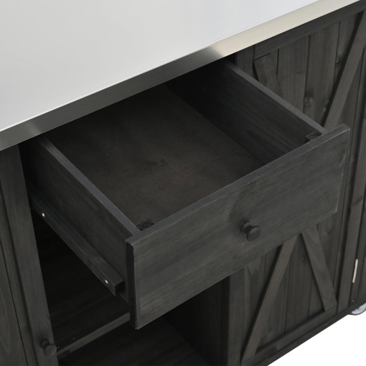 Outdoor Kitchen Island Fir Wood Kitchen Island With Stainless Steel Top, Ample Storage Space, Towel And Spice Racks And A Bottle Opener For Outdoor, Black