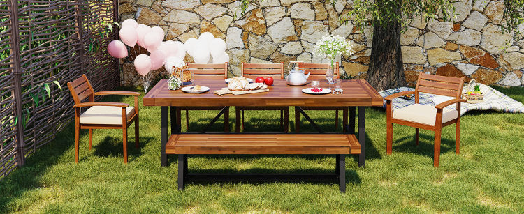 Outdoor Wood Dining Set For 7 8 Person, Outdoor Dining Furniture With Removable Cushions, Ernomic Chairs And Bench, Thicker Table, Nature