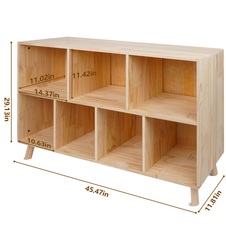 Solid Pine Wood 7 Compartment Storage Cabinet, 45.5"L X 29.1"H Fixed Shelves Organizer For Books Toys Home D Cor, Modern Wooden Shelf ,Multi Compartment Cabinet For Home Office