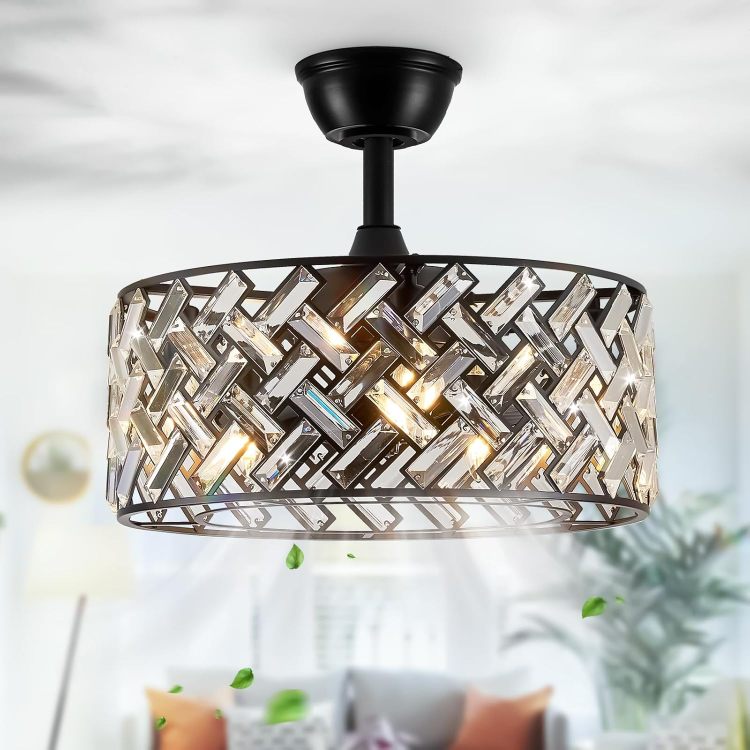 18'' Crystal Cage With Remote Control ,Quiet Motor Fan Light , Indoor Crystal Chandelier For Bedroom, Living Room, Dinning Room, Kids Room Matte Black Bulbs Not Included