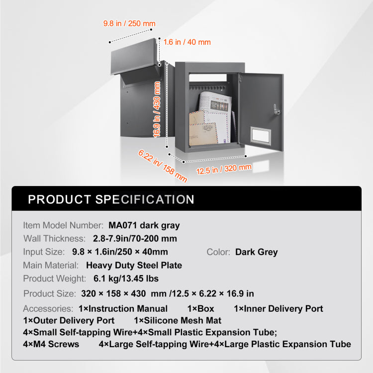 Through The Wall Drop Box, Heavy Duty Steel Through The Wall Mailbox With 2.8 7.9" 13" Combination Lock, 12.5X6.3X16.9" Mail Drop Box, Dark Gray