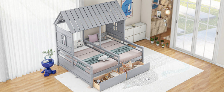 Twin Size House Platform Beds With Two Drawers For Boy And Girl Shared Beds, Combination Of 2 Side By Side Twin Size Beds, Gray