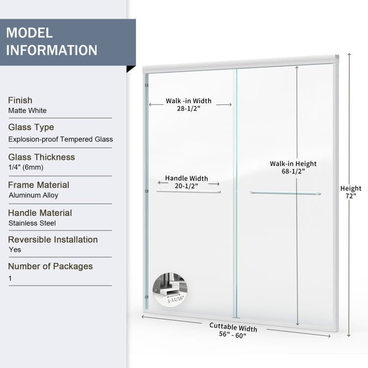 56 60 In. W X 72 In. H Double Sliding Shower Door, Semi Frameless Bathroom Sliding Door With 1 4" 6Mm Tempered Glass For Walk In Shower, White Cm 24D03 60Whx