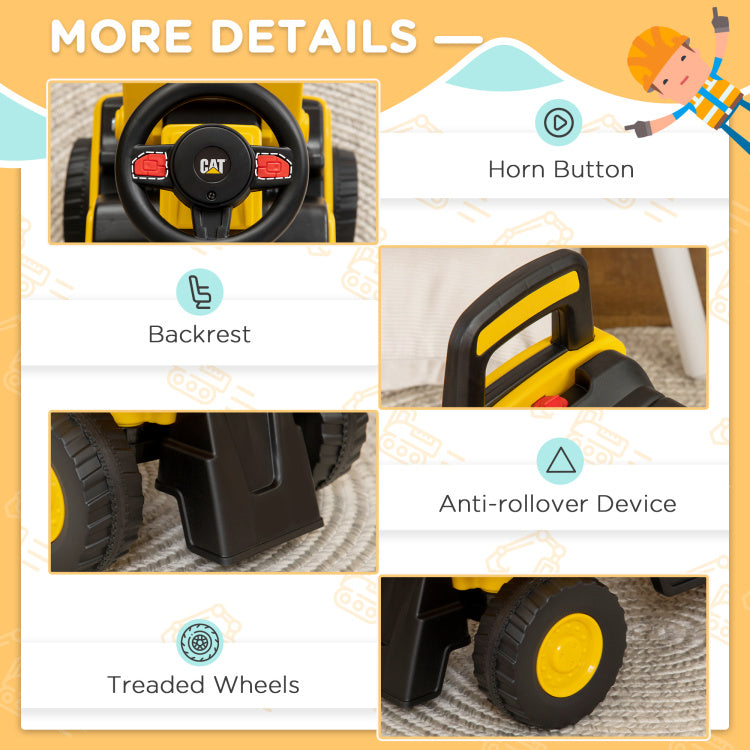 Aosom Ride On Excavator For Kids, Caterpillar Cat Licensed Ride On Digger Construction Vehicles With Manual Shovel, Horn, Hidden Storage, Foot To Floor No Power Kids Ride On Car For 1.5 3 Years