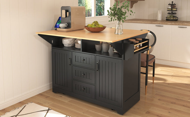 K&K 55.7'' Large Kitchen Island With 2 Drop Leaf, Rolling Kitchen Cart On 5 Wheels With Power Outlet, Folding Storage Dining Table With Spice & Towel Rack , 3 Drawers, For Kitchen, Dining Room,Black