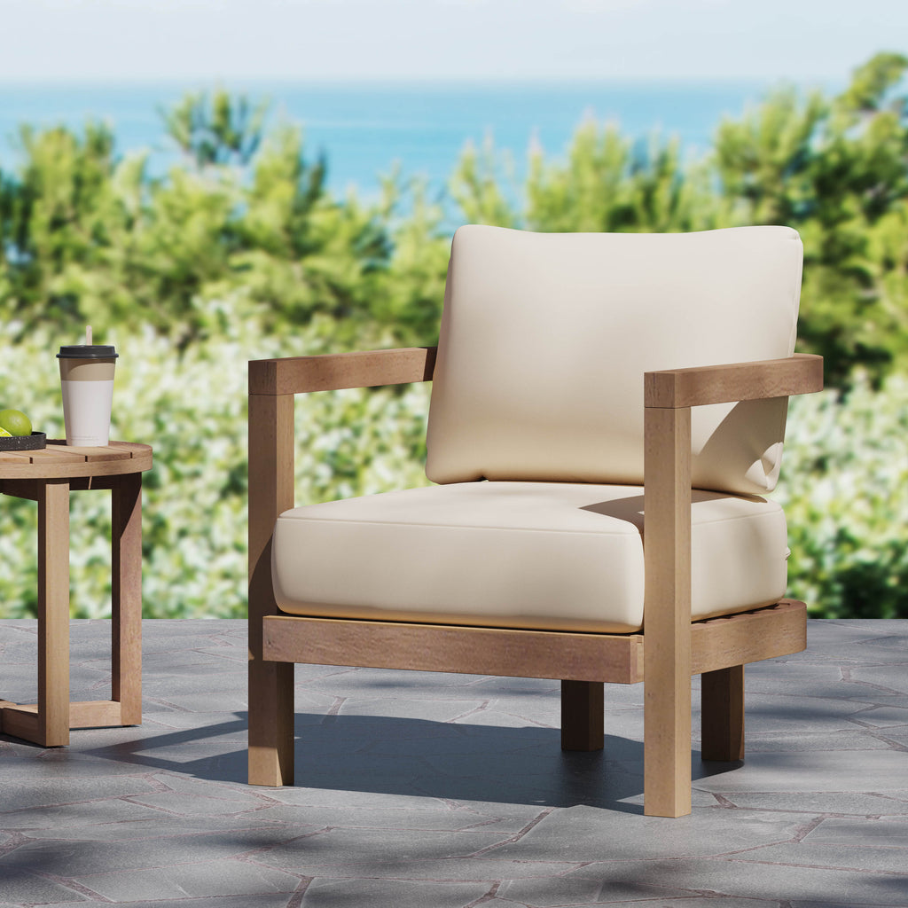 Outdoor Acacia Wood Patio Club Chair, Patio Furniture,Waterproof Thick Cushion Deep Seating For Porch, Garden, Backyard, Balcony, Weight Capacity 400Lbs, Brown Wash, Beige Cushion