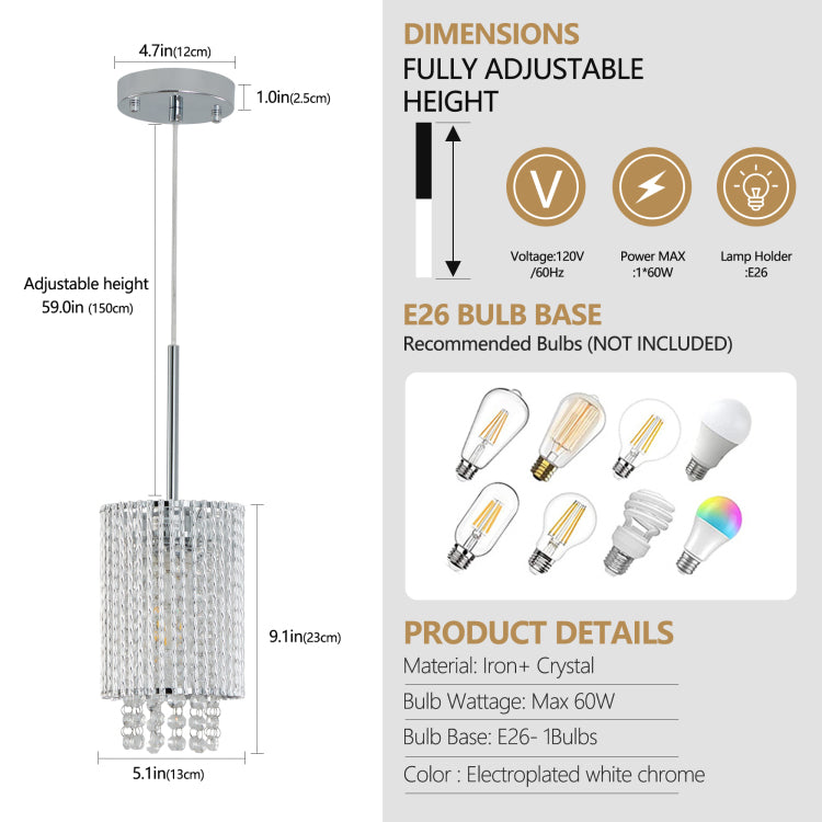 5" Modern Crystal Pendant Light 3 Pack Adjustable Chrome Hanging Ceiling Fixture With Clear Beads, Elegant Design For Kitchen Island, Dining Room, Or Living Room No Bulbs