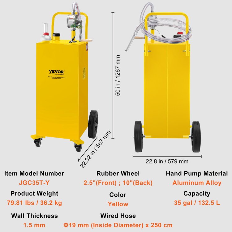 Fuel Caddy, 35 Gallon, Gas Storage Tank On 4 Wheels, With Manuel Transfer Pump, Gasoline Diesel Fuel Container For Cars, Lawn Mowers, Atvs, Boats, More, Yellow