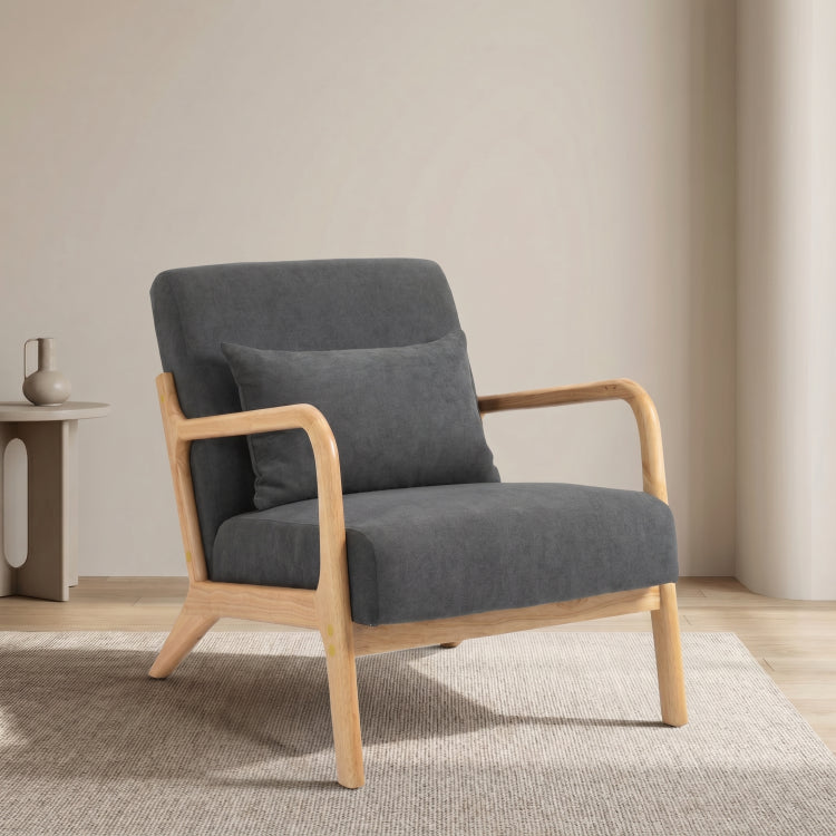 Mid Century Modern Accent Chair With Wood Frame, Upholstered Living Room Chairs With Waist Cushion, Reading Armchair For Bedroom Sunroom