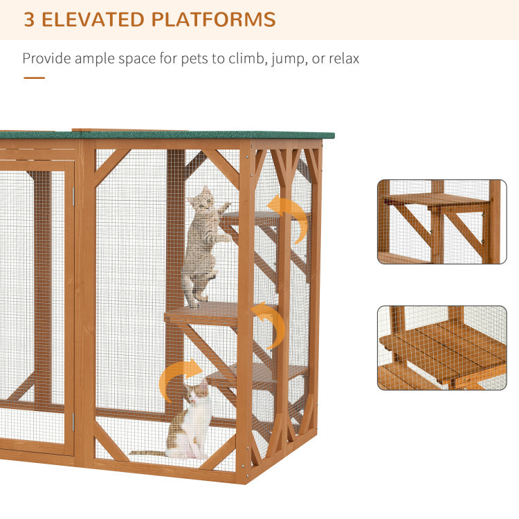 Pawhut Outdoor Cat House, Catio Wooden Feral Cat Shelter, Cat Cage With Platforms, Large Enter Door, Weather Protection Asphalt Roof, 71" L, Orange