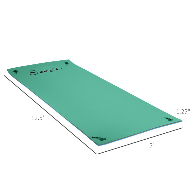 Soozier 12' X 5' Lily Pad Floating Mat With Cup Holder Table, 3 Layer Portable Roll Up Water Mat Float Dock For 2 3 People, On Lake, River, Beach, Swimming Pool, Green