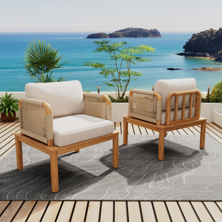 Outdoor Acacia Wood And Rope Club Chair With Cushions Set Of 2 Mp2