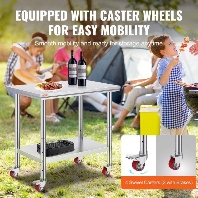 Stainless Steel Work Table 36X24 Inch With 4 Wheels Commercial Food Prep Worktable With Casters Heavy Duty Work Table For Commercial Kitchen Restaurant