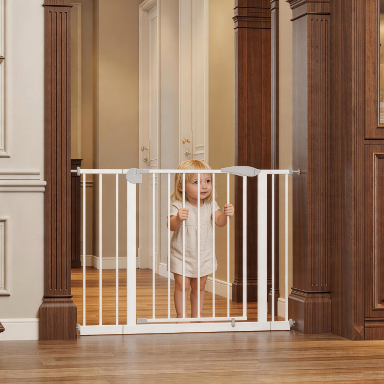 29.5 44.1" Wide Baby Gate For Stairs, Dog Gate Indoor For Doorways, No Drilling Pressure Mounted Pet Gates For Kids, Easy Walk Through Safety Gate, White