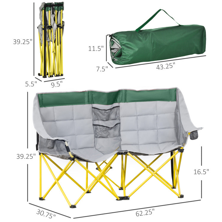 Outsunny Loveseat Style Camping Chair, Oversized Folding Lawn Chair With Carry Bag & Cup Holders, For Outdoor, Beach, Picnic, Hiking, Travel, Green & Gray