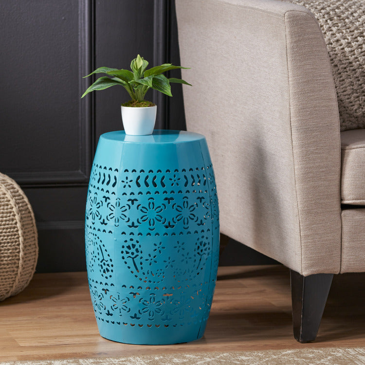 Ruby Side Table, Lace Cut Metal End Table For Outdoor & Indoor Use, Barrel Shape Accent Table With No Assembly Needed For Garden, Patio, Living Room, Backyard Decor,Blue Color