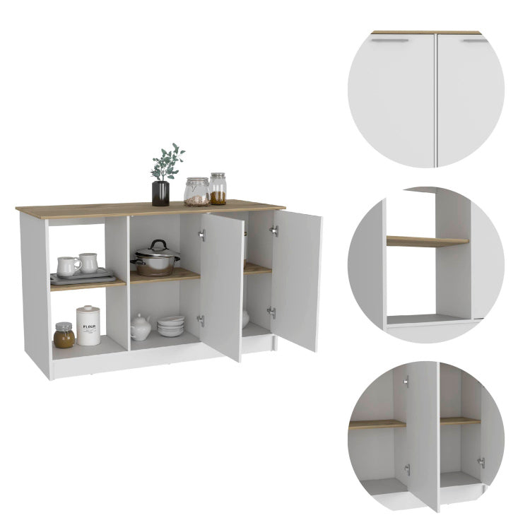 Kitchen Island With Large Countertop, Open Storage Shelves And Double Door Cabinet, White Light Oak