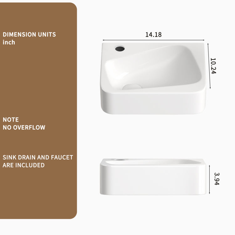 Floating Bathroom Sink Wall Mounted Rectangle Vessel Sink 14" X 10" Small Modern Bathroom Wall Hung Sink White Porcelain Ceramic Vessel Vanity Sink With Faucet &Drain