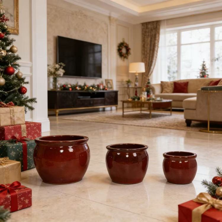 Handmade Rust Red Ceramic Plant Pots Set Of 3, 15 12 9 Inch Diameter, Indoor & Outdoor Flower Pots For Tables, Couchside, Balcony & Garden, Clay With Drainage Hole