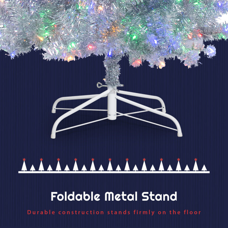 6Ft Sliver Pre Lit Artificial Christmas Tree, Hinged Full Tree With Metal Stand, 800 Branch Tips, 300 Led Lights,11 Lighting Modes, Holiday Decoration Tree For Indoor And Outdoor