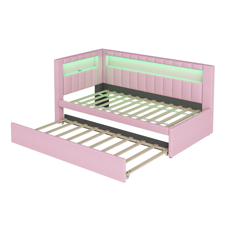 Upholstered Twin Size Platform Bed With Usb Ports And Led Belt, With Trundle, Pink