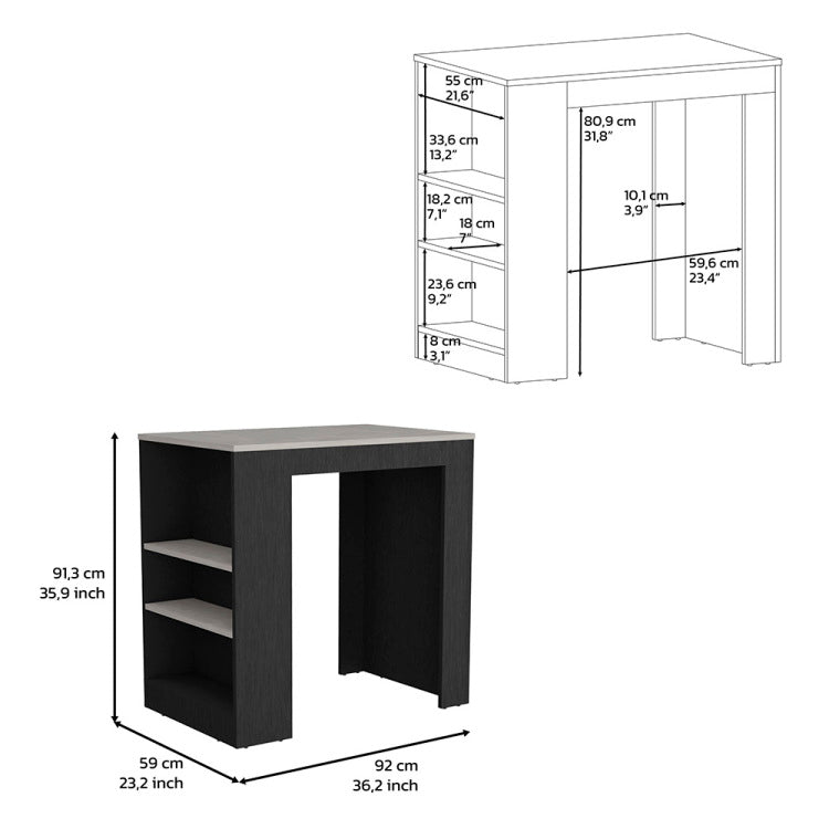 Kitchen Island, Kitchen Bar Table 36" H, With 3 Side Shelves, White, Wengue Ibiza Marble Color Finish