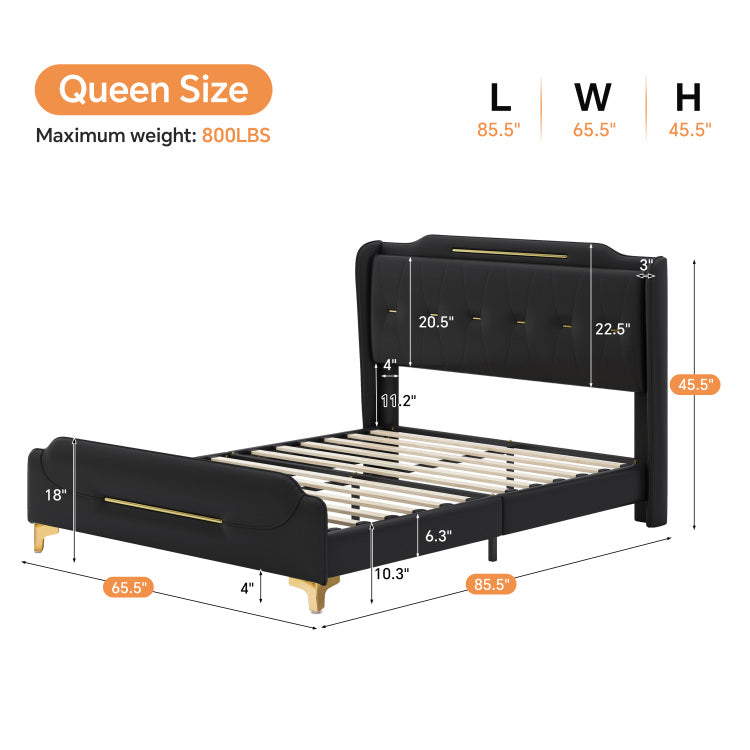 Modern Upholstered Bed Frame, Queen Size Platform Bed With Wingback Headboard, Pu Leather Upholstery, No Box Spring Needed, Noise Free, Easy Assembly, Heavy Duty Bed Frame For Bedroom,Black