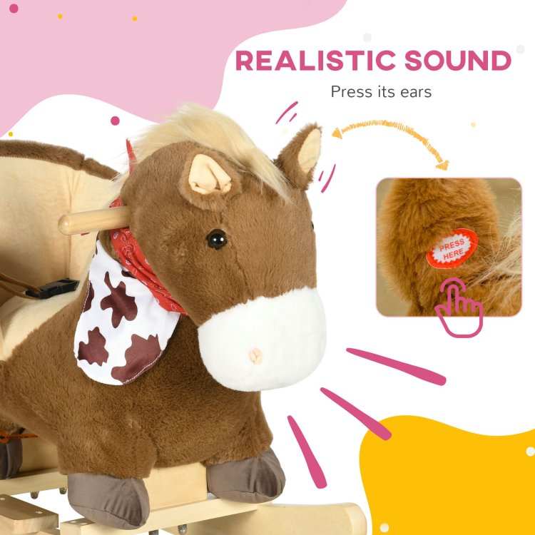 Qaba Baby Rocking Horse, Riding Horse, Plush Animal Rocker With Realistic Sound, Pedals For Ages 18 36 Months, Brown