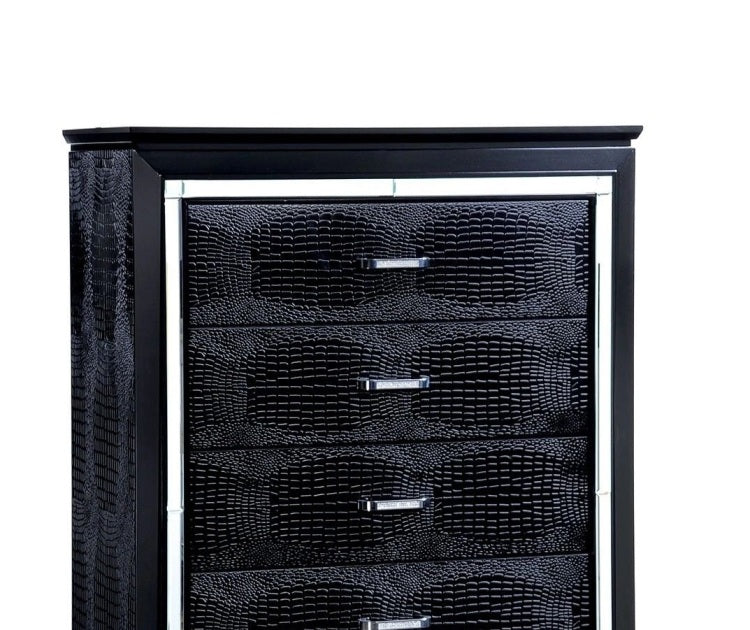 1Pc Chest Crocodile Texture Contemporary Style Diamond Crusted Handle English Dovetail Five Drawers 3Mm Mirror Black Finish